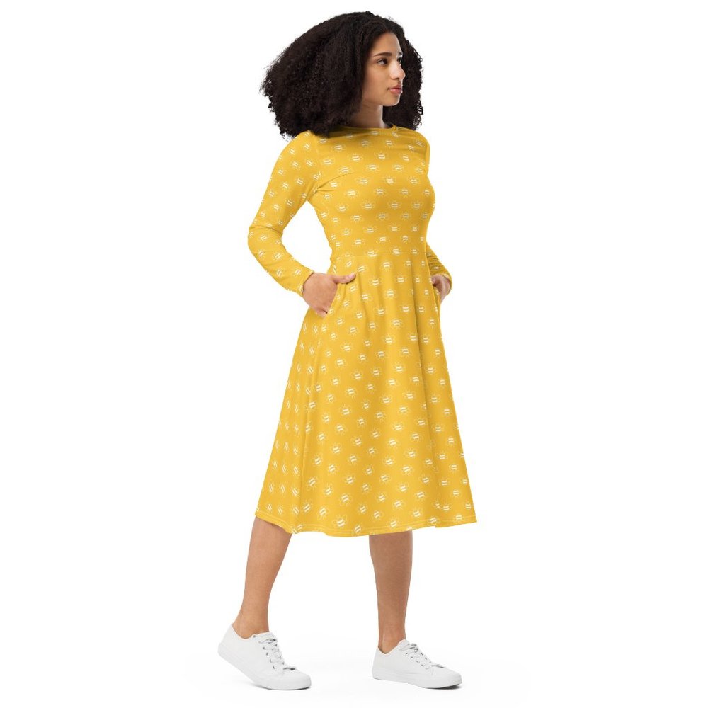 The Pinup Shop | Bees Spring Pin-Up Long Sleeve Dress with Pockets